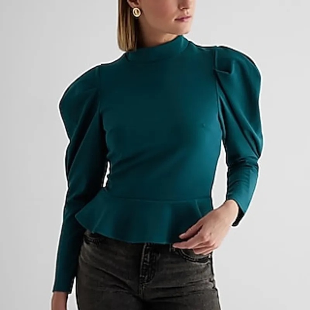EXPRESS Peplum Puff Sleeve in XL - Dark Green